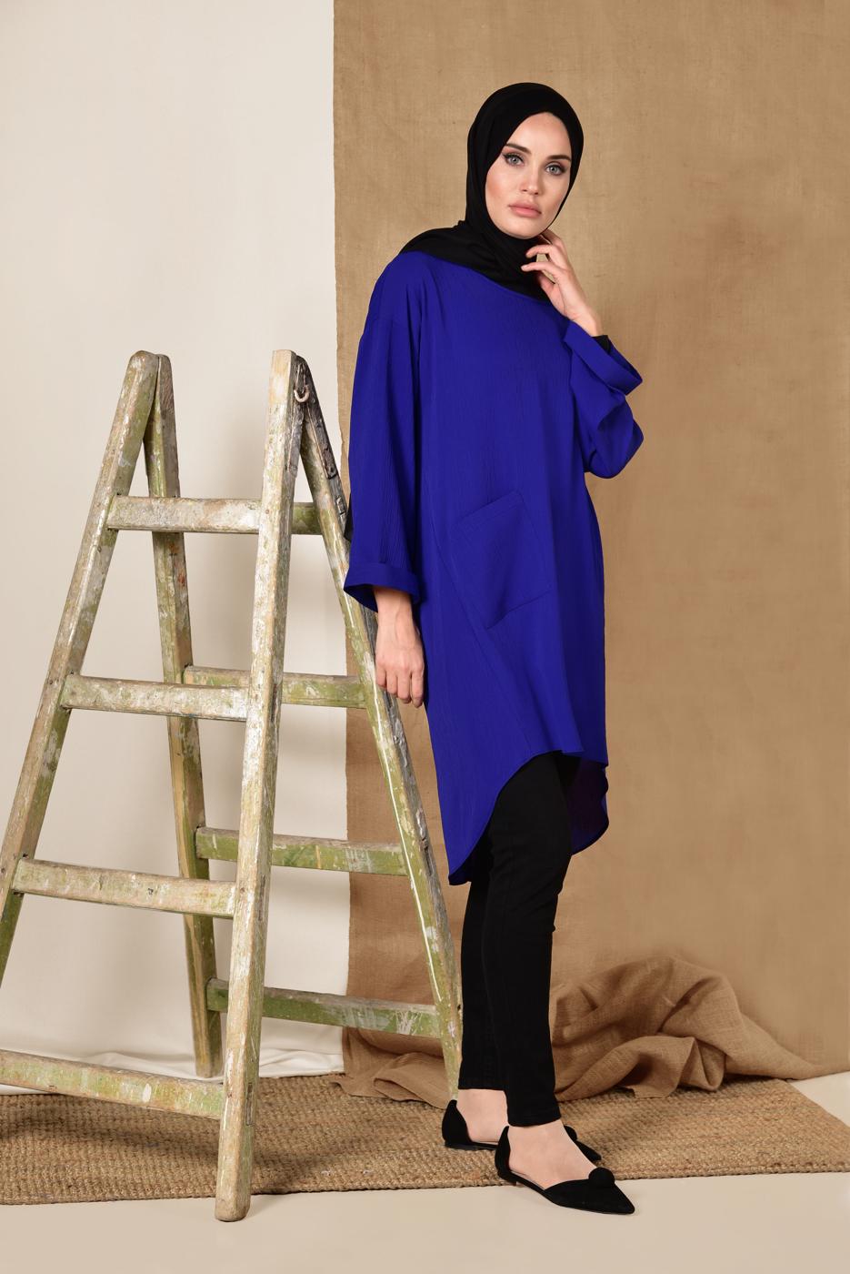Tesettür giyim LACİVERT CEP DETAYLI SALAŞ TUNİK 4110