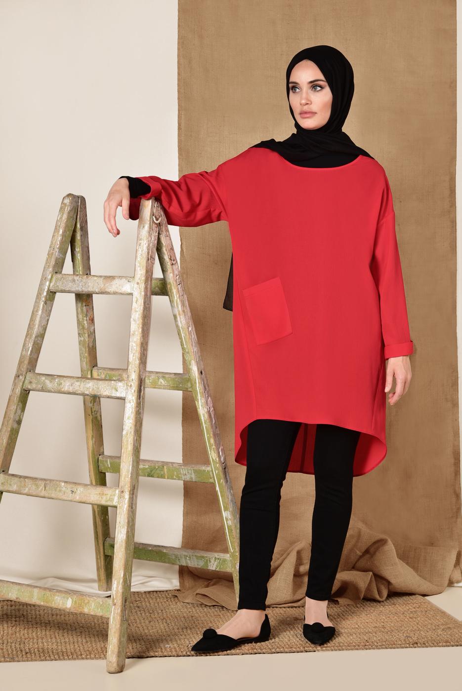 Tesettür giyim KIRMIZI CEP DETAYLI SALAŞ TUNİK 4110