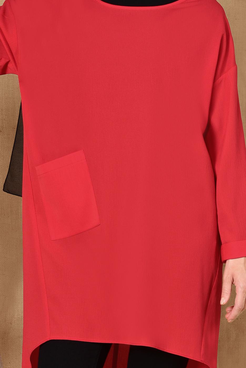 Tesettür giyim KIRMIZI CEP DETAYLI SALAŞ TUNİK 4110