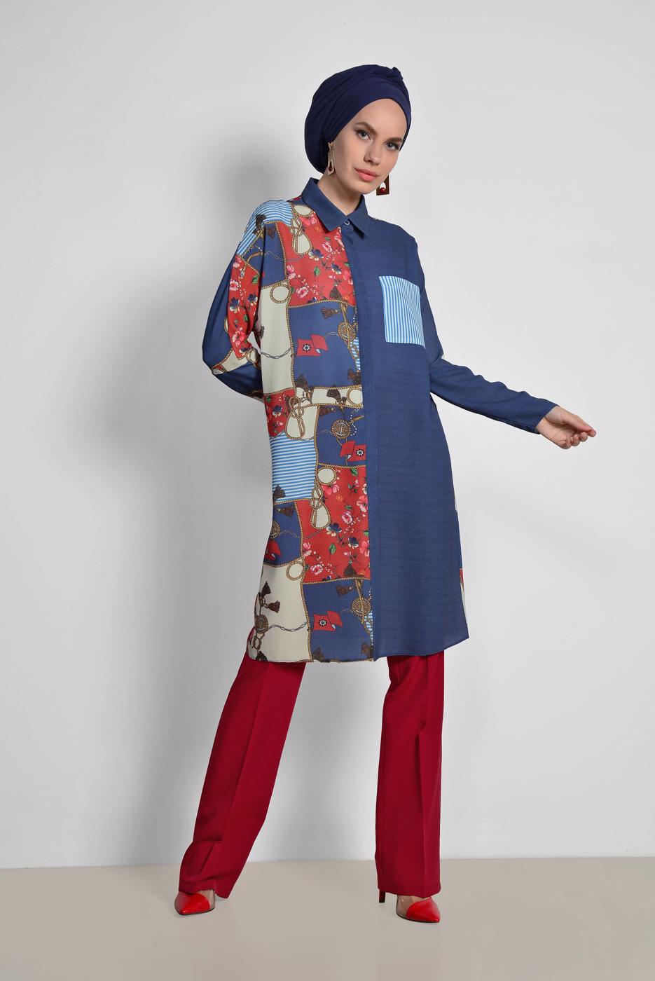 Tesettür giyim LACİVERT ALVİNA MİX DESENLİ TUNİK 4112