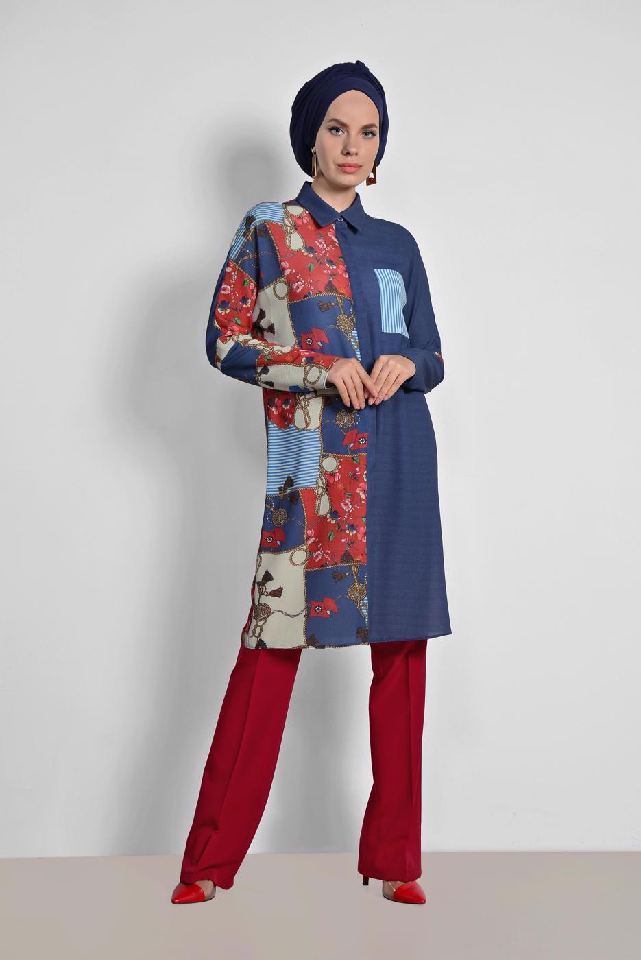 Tesettür giyim LACİVERT ALVİNA MİX DESENLİ TUNİK 4112