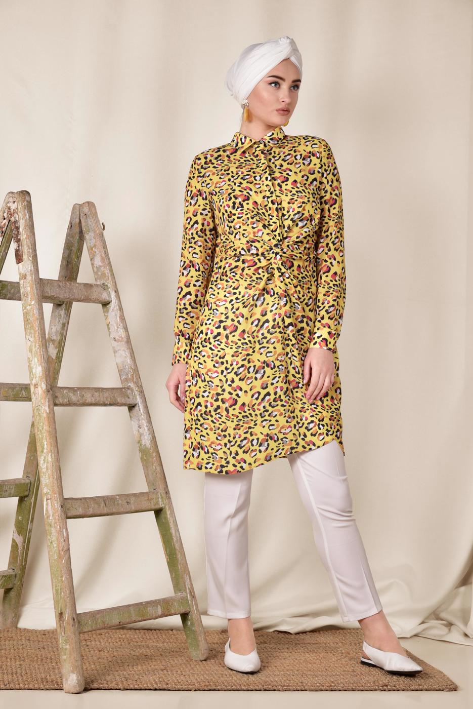Tesettür giyim SARI ALVİNA DESENLİ BEL KISMI BÜZGÜLÜ TUNİK 4115