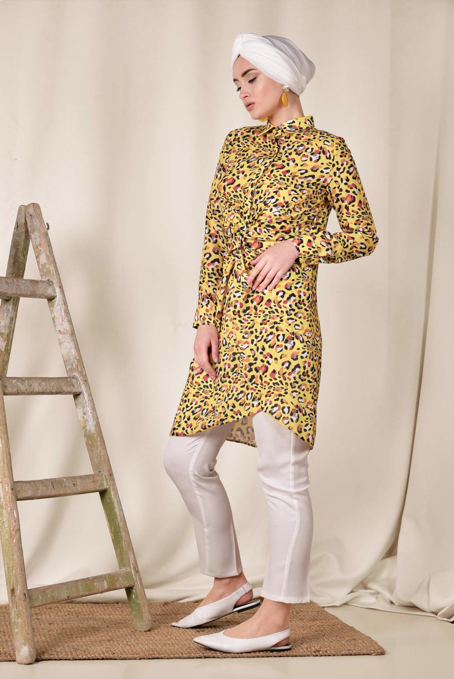 Tesettür giyim SARI ALVİNA DESENLİ BEL KISMI BÜZGÜLÜ TUNİK 4115
