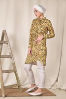 Tesettür giyim SARI ALVİNA DESENLİ BEL KISMI BÜZGÜLÜ TUNİK 4115