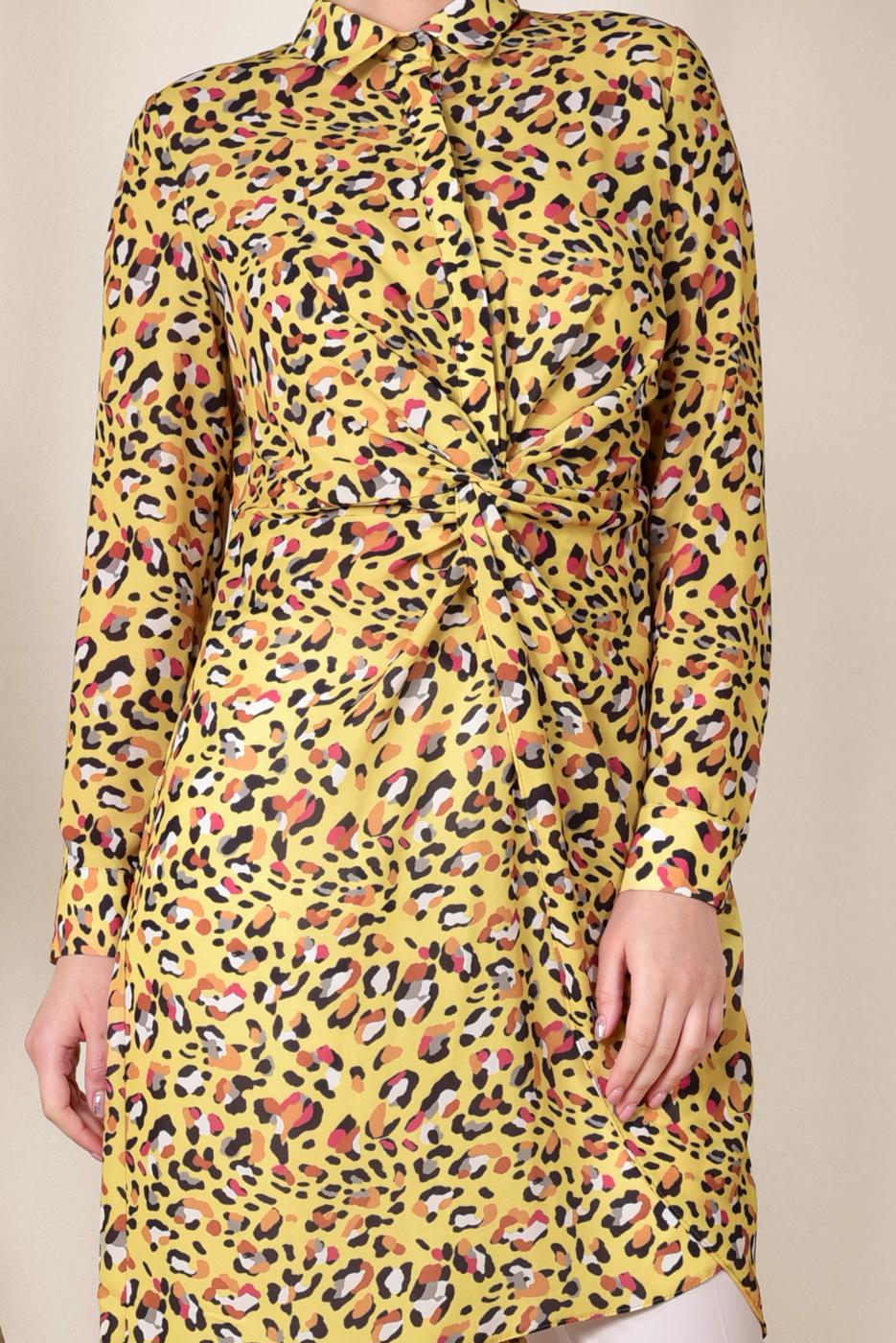 Tesettür giyim SARI ALVİNA DESENLİ BEL KISMI BÜZGÜLÜ TUNİK 4115