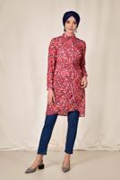 Tesettür giyim MERCAN ALVİNA DESENLİ BEL KISMI BÜZGÜLÜ TUNİK 4115