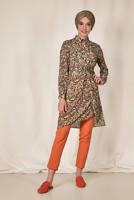 Tesettür giyim KAHVE ALVİNA DESENLİ BEL KISMI BÜZGÜLÜ TUNİK 4115