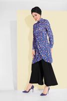 Tesettür giyim LACİVERT ALVİNA DESENLİ BEL KISMI BÜZGÜLÜ TUNİK 4115