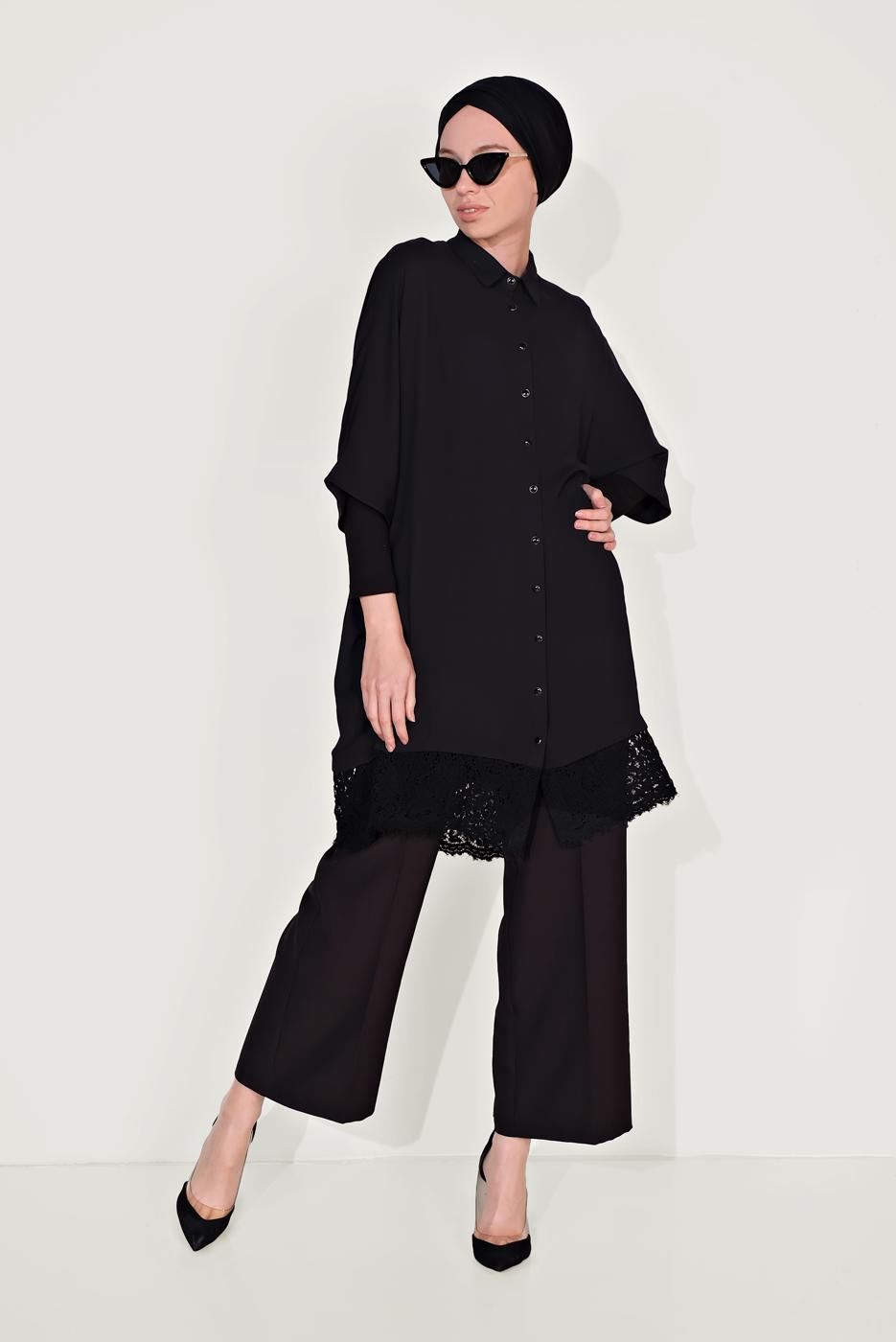 Tesettür giyim SİYAH ALVİNA DANTELLİ TUNİK  4122