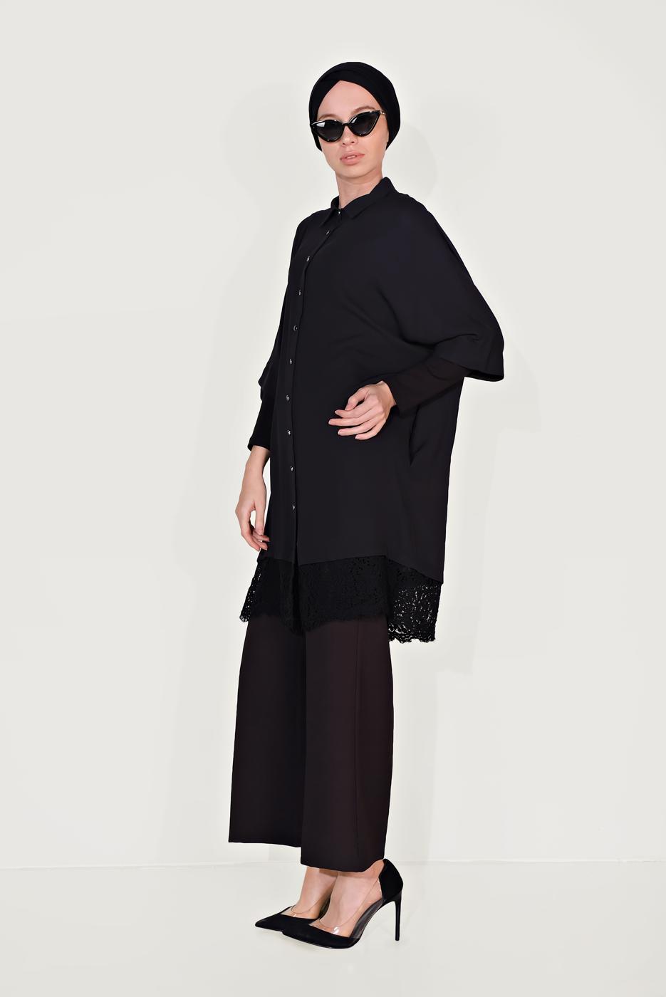 Tesettür giyim SİYAH ALVİNA DANTELLİ TUNİK  4122