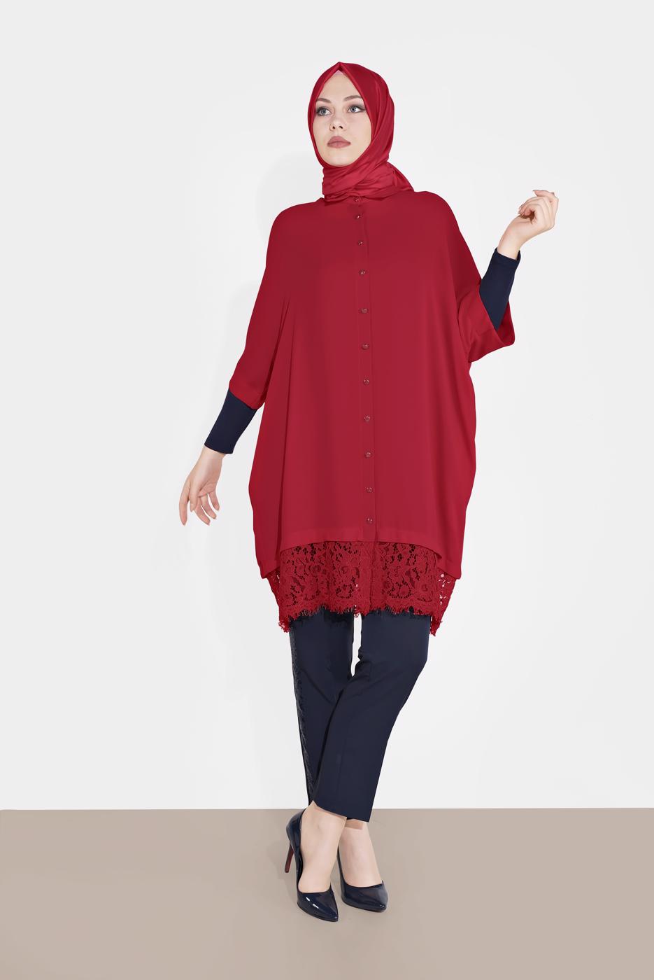Tesettür giyim KIRMIZI ALVİNA DANTELLİ TUNİK  4122