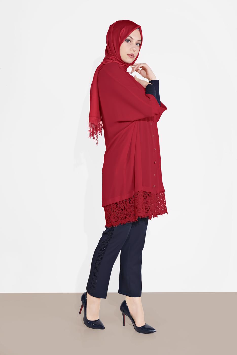 Tesettür giyim KIRMIZI ALVİNA DANTELLİ TUNİK  4122
