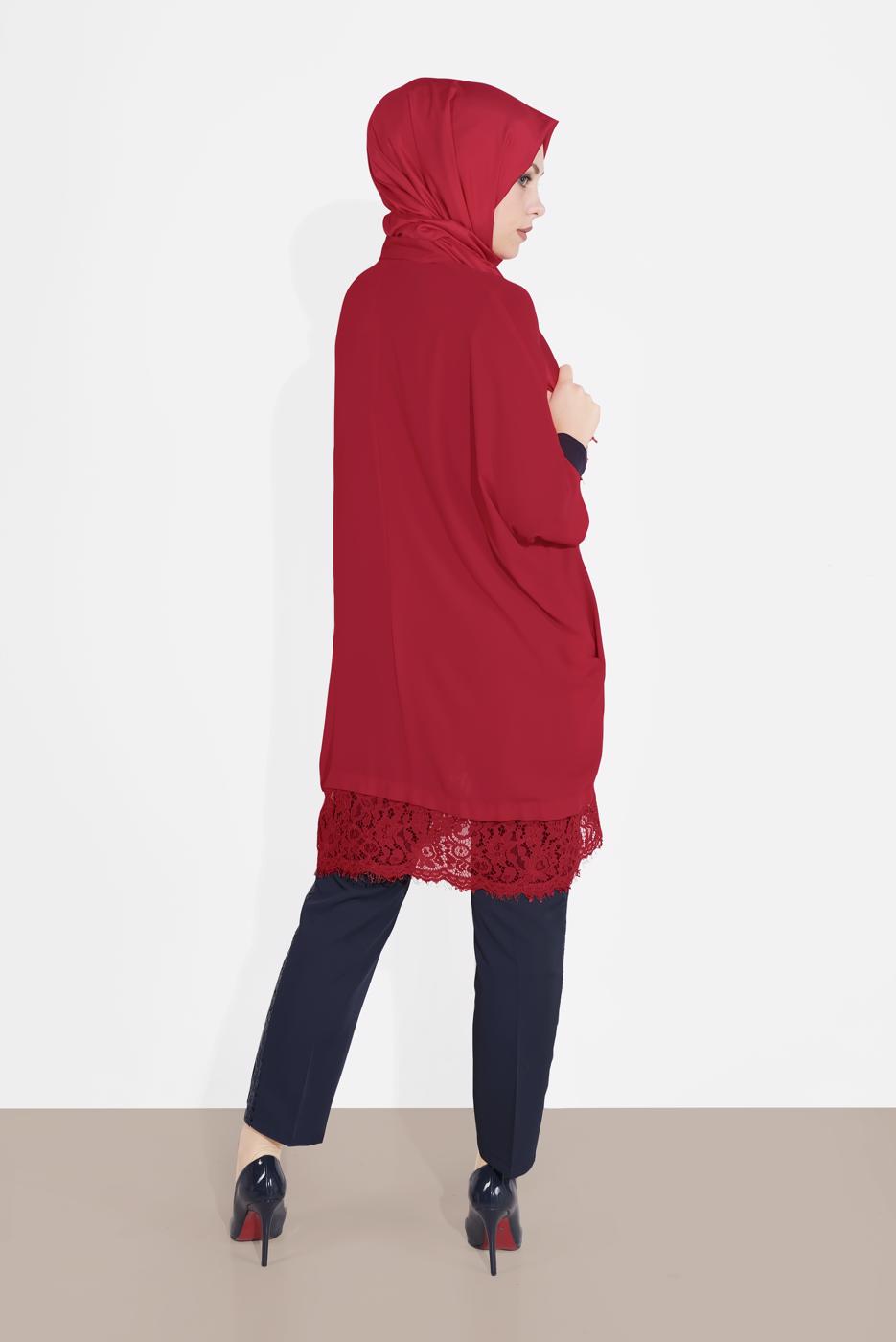 Tesettür giyim KIRMIZI ALVİNA DANTELLİ TUNİK  4122