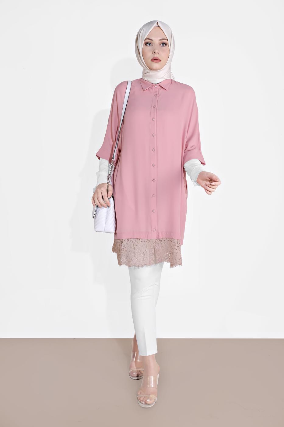 Tesettür giyim PUDRA ALVİNA DANTELLİ TUNİK  4122