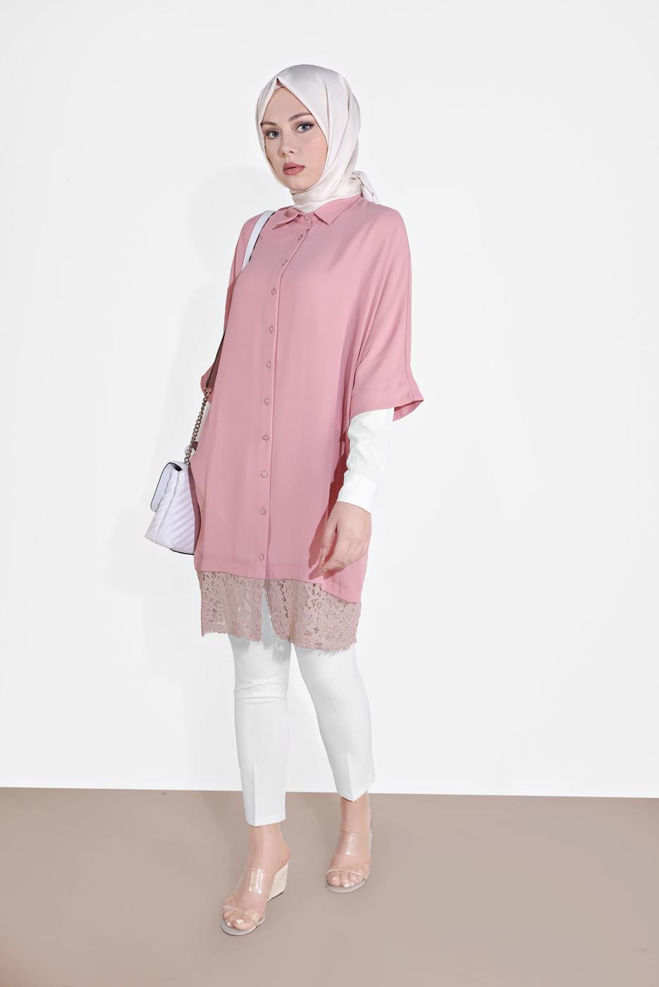 Tesettür giyim PUDRA ALVİNA DANTELLİ TUNİK  4122
