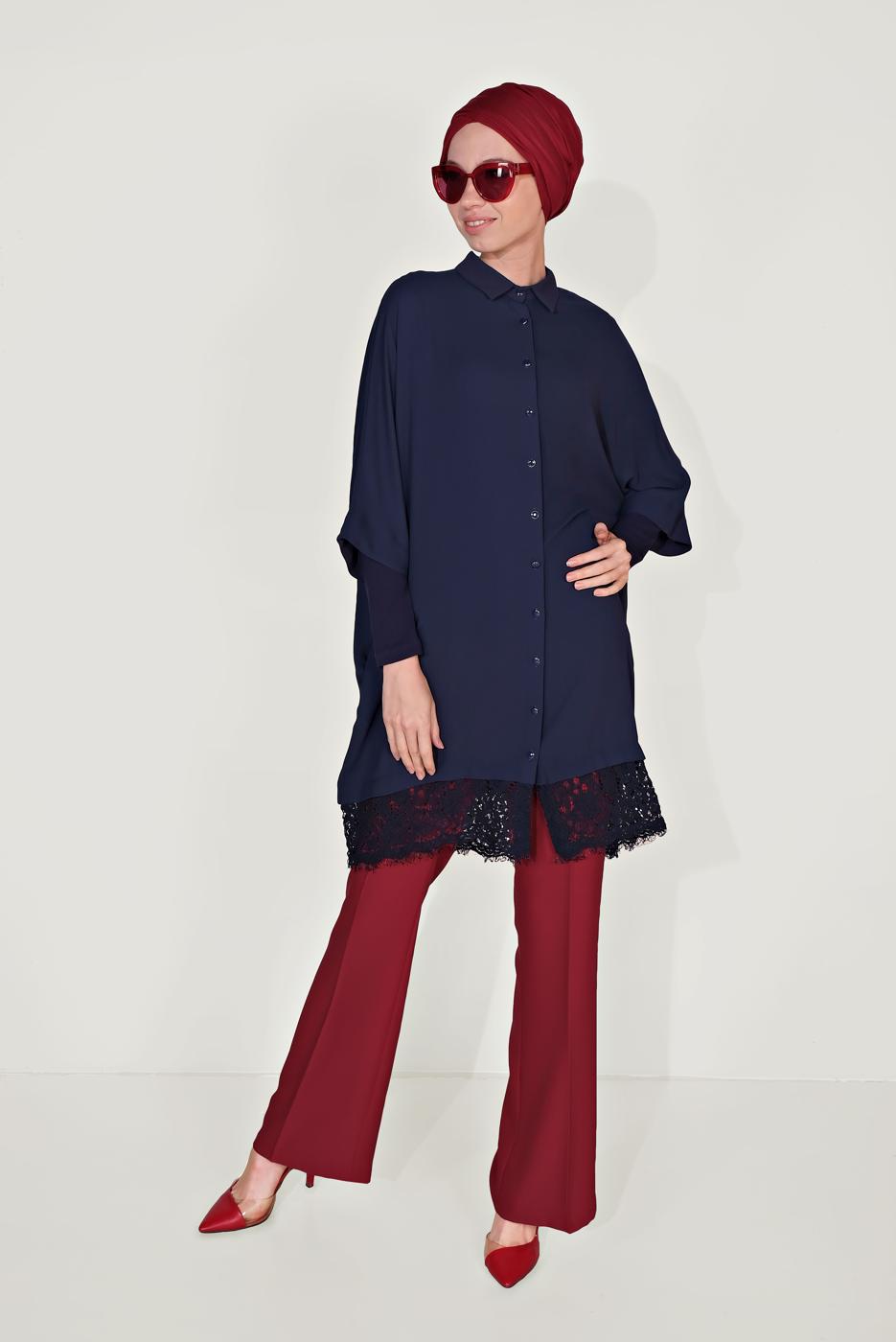 Tesettür giyim LACİVERT ALVİNA DANTELLİ TUNİK  4122