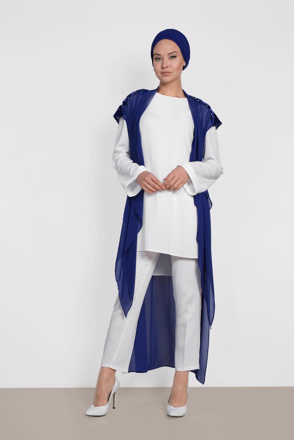 Tesettür giyim LACİVERT ALVİNA SIRT KISMI PUL PAYETLİ 2&prime;Lİ ŞİFON TUNİK 4145