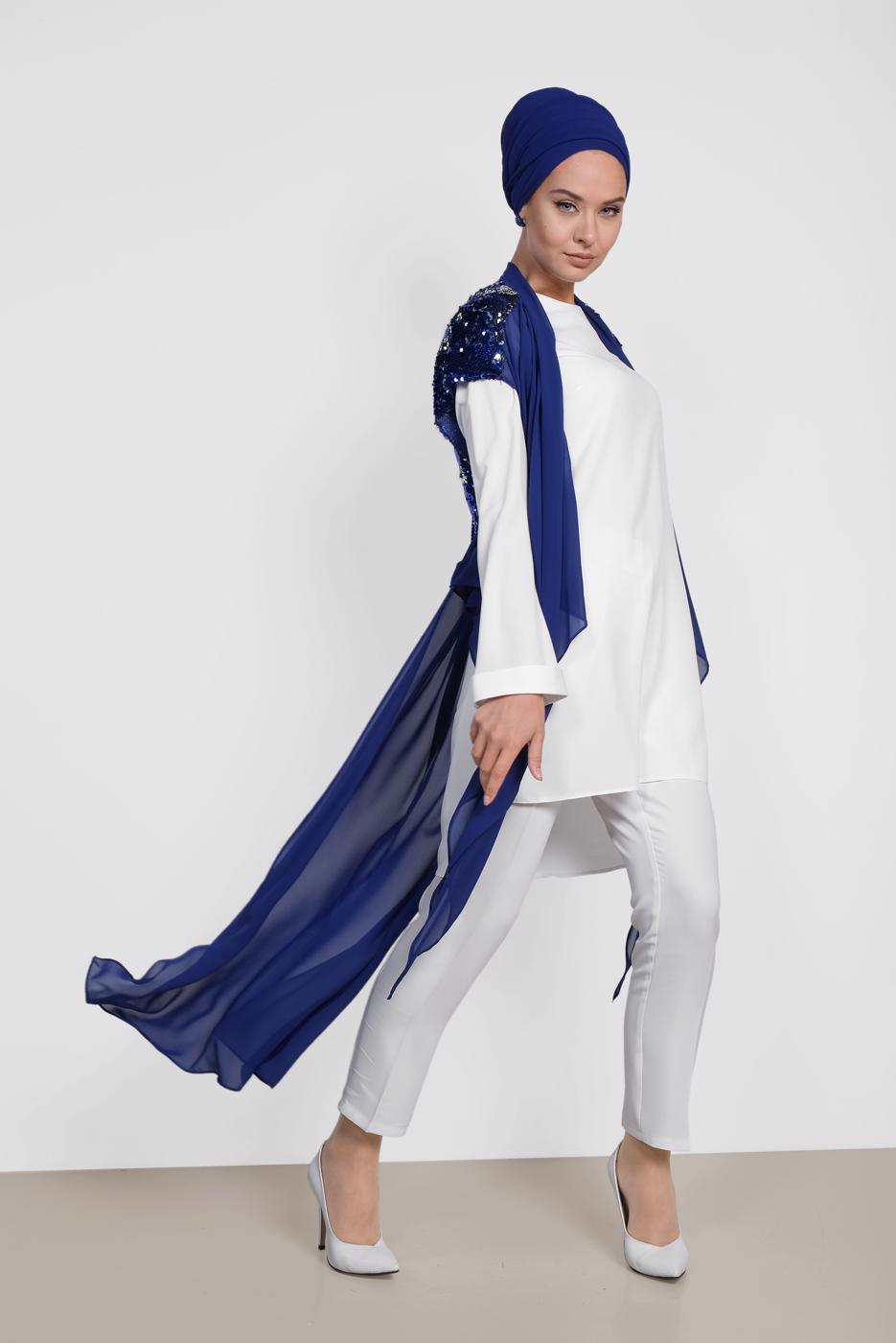 Tesettür giyim LACİVERT ALVİNA SIRT KISMI PUL PAYETLİ 2&prime;Lİ ŞİFON TUNİK 4145