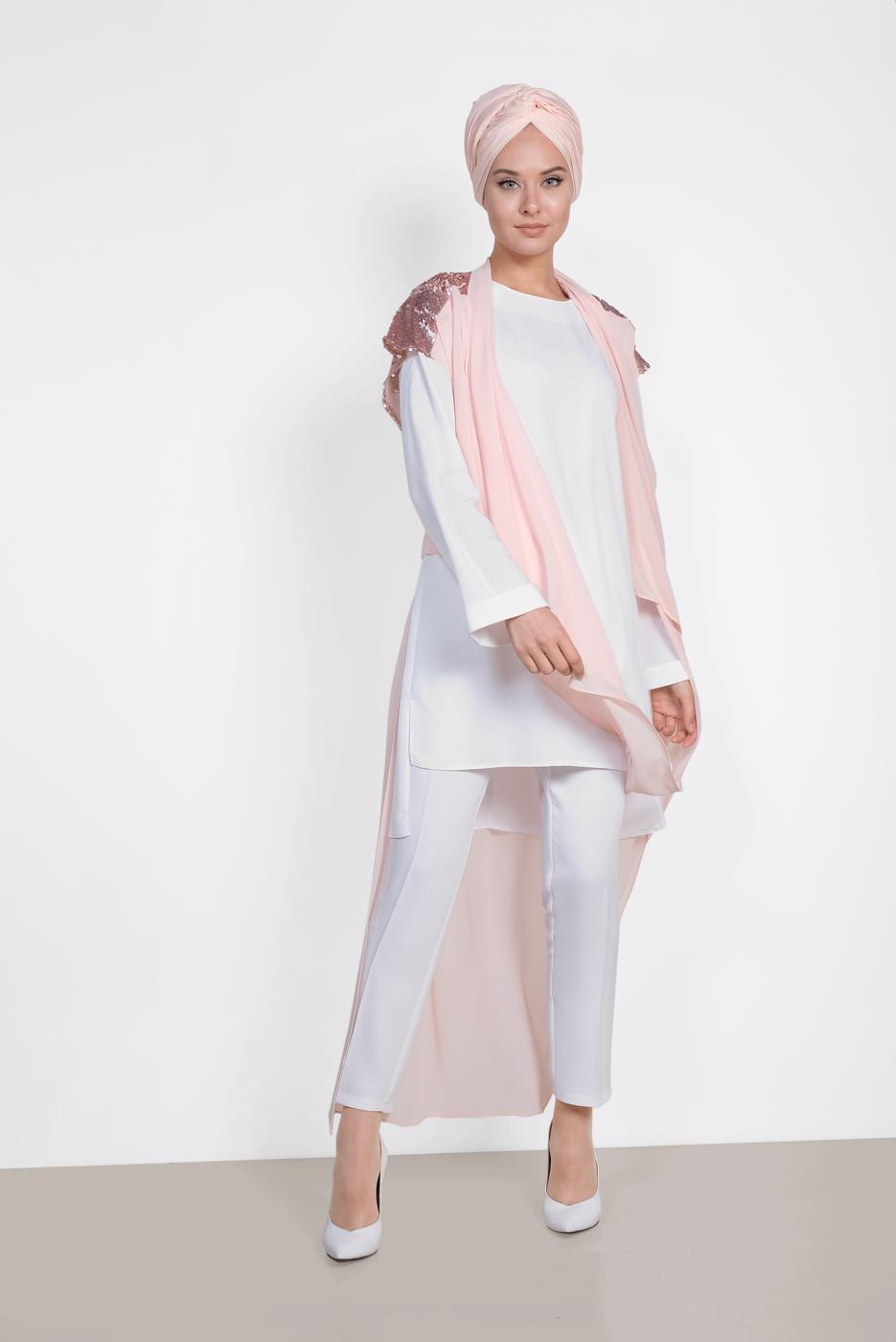 Tesettür giyim PUDRA ALVİNA SIRT KISMI PUL PAYETLİ 2&prime;Lİ ŞİFON TUNİK 4145