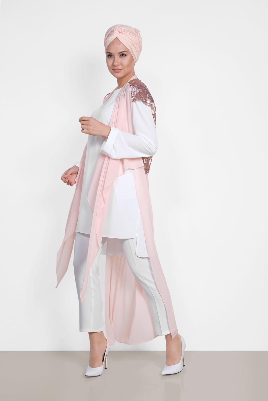 Tesettür giyim PUDRA ALVİNA SIRT KISMI PUL PAYETLİ 2&prime;Lİ ŞİFON TUNİK 4145