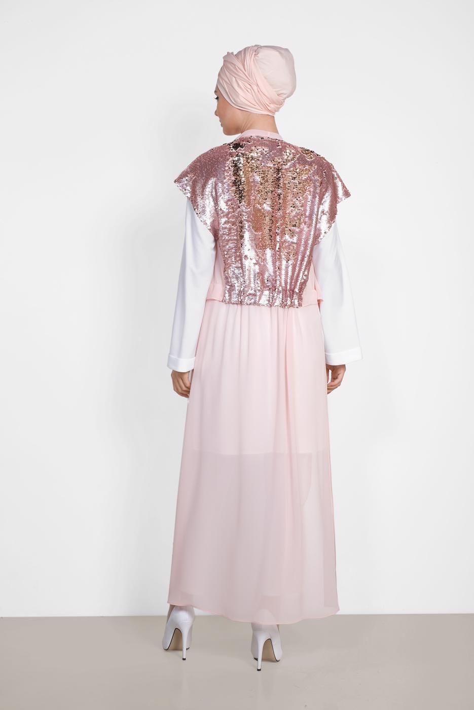 Tesettür giyim PUDRA ALVİNA SIRT KISMI PUL PAYETLİ 2&prime;Lİ ŞİFON TUNİK 4145