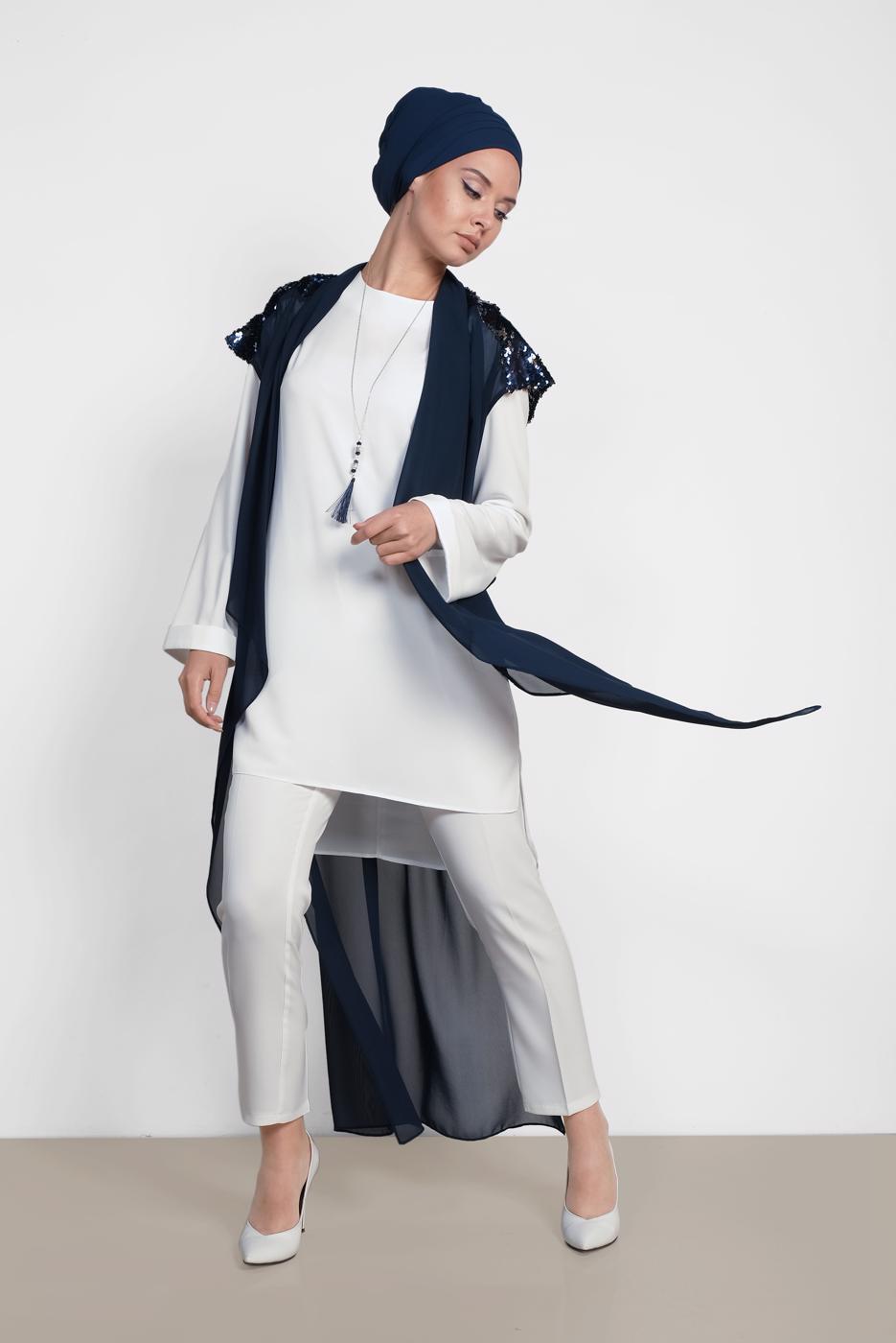 Tesettür giyim LACİVERT ALVİNA SIRT KISMI PUL PAYETLİ 2&prime;Lİ ŞİFON TUNİK 4145