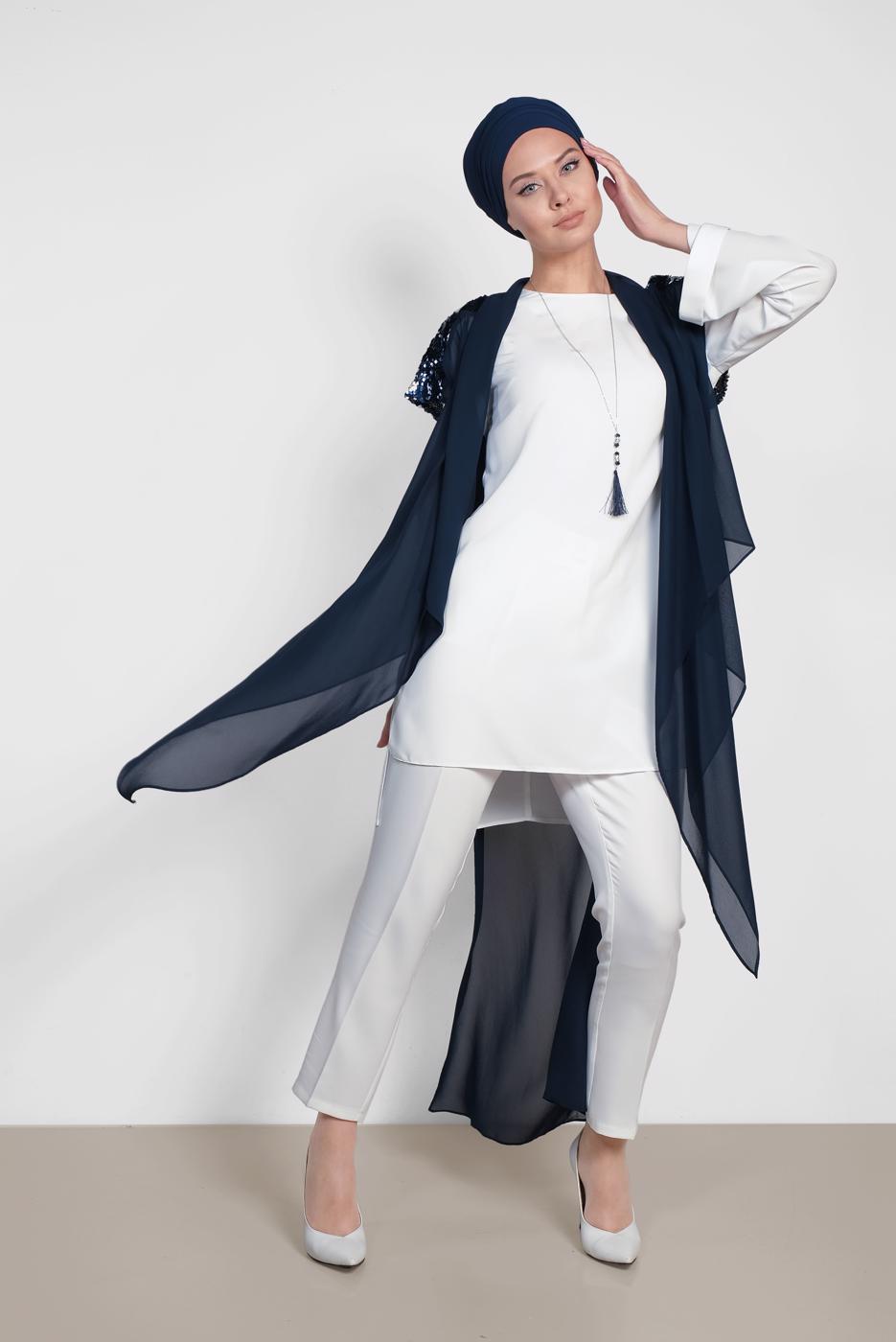 Tesettür giyim LACİVERT ALVİNA SIRT KISMI PUL PAYETLİ 2&prime;Lİ ŞİFON TUNİK 4145