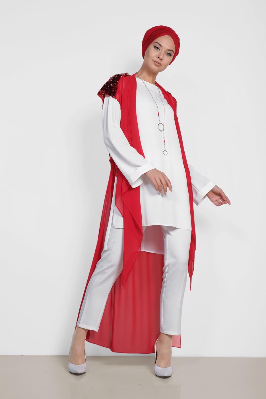 Tesettür giyim BORDO ALVİNA SIRT KISMI PUL PAYETLİ 2&prime;Lİ ŞİFON TUNİK 4145