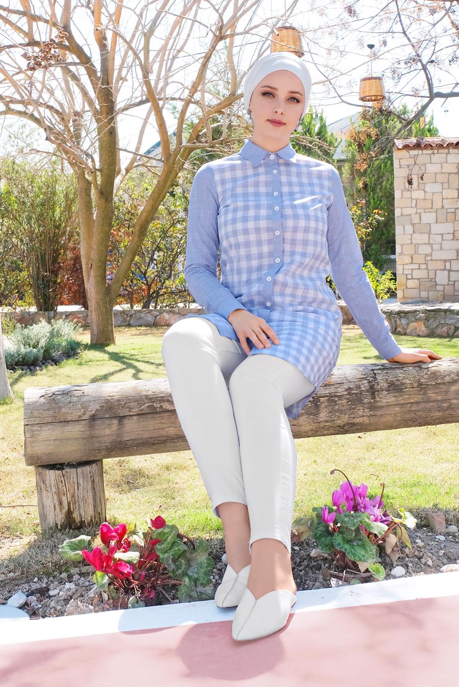 Tesettür giyim MAVİ ALVİNA KARELİ TUNİK 4146