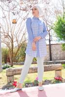 Tesettür giyim MAVİ ALVİNA KARELİ TUNİK 4146