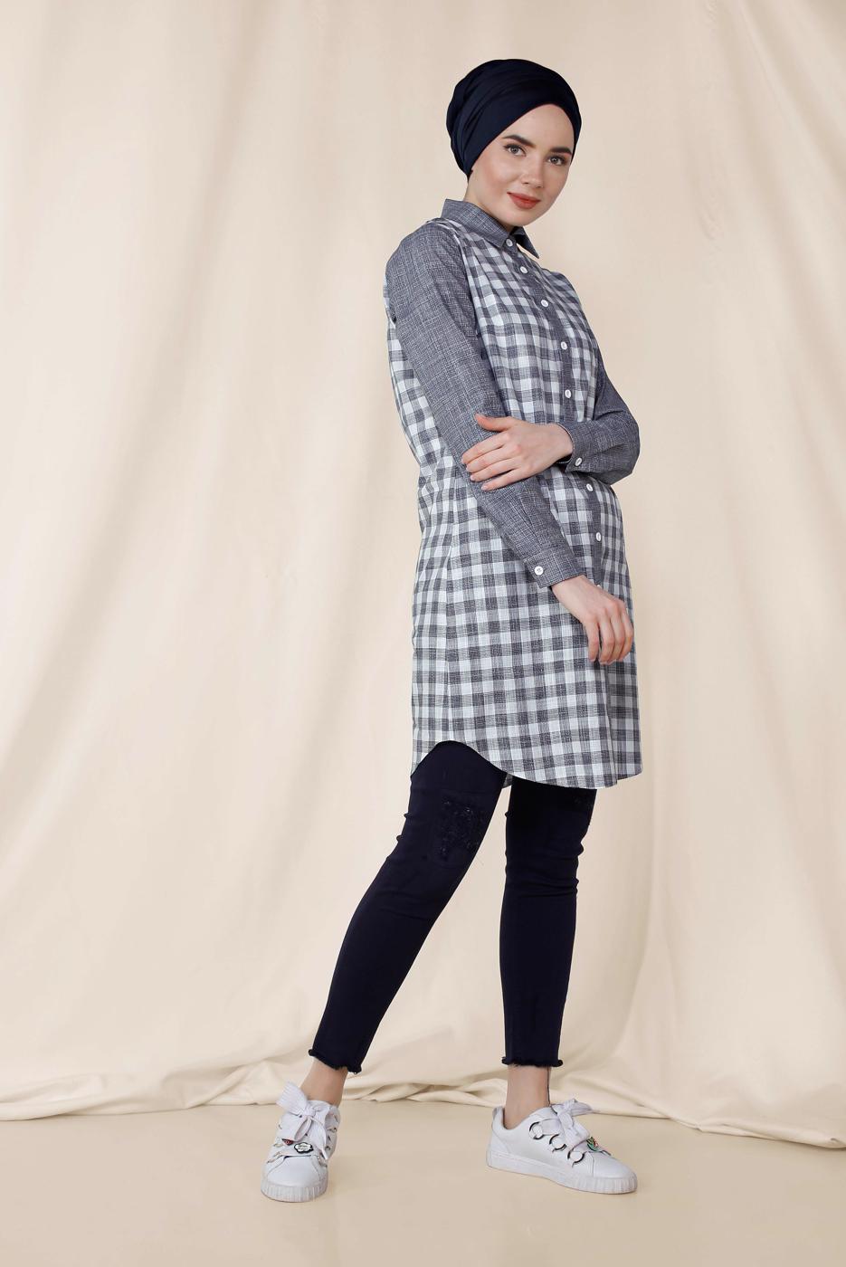 Tesettür giyim LACİVERT ALVİNA KARELİ TUNİK 4146