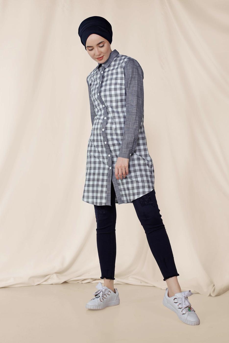 Tesettür giyim LACİVERT ALVİNA KARELİ TUNİK 4146