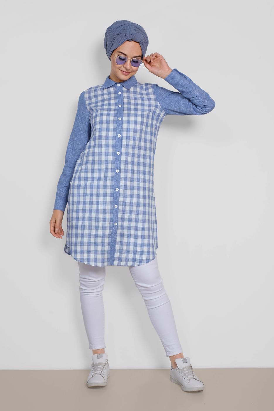 Tesettür giyim LACİVERT ALVİNA KARELİ TUNİK 4146