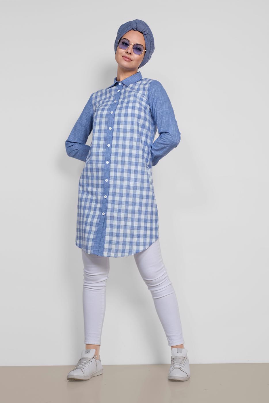 Tesettür giyim LACİVERT ALVİNA KARELİ TUNİK 4146