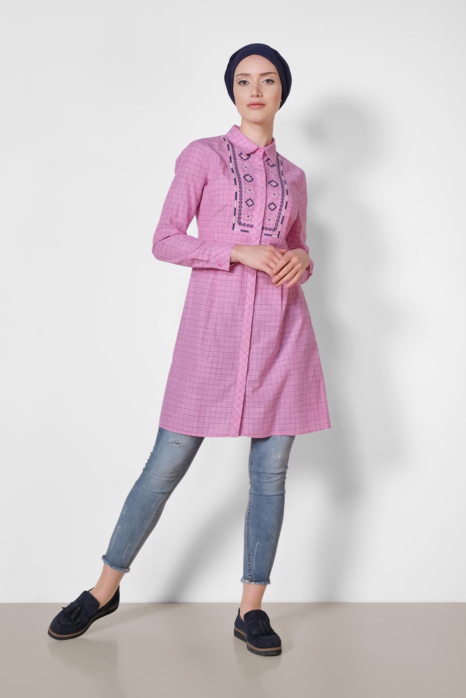 Tesettür giyim PEMBE ALVİNA PAMUKLU NAKIŞ DETAYLI TUNİK 4150