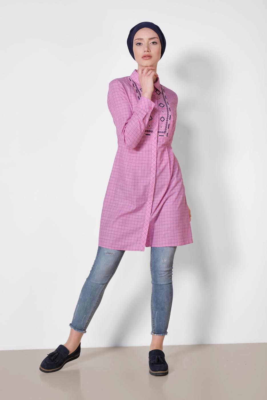 Tesettür giyim PEMBE ALVİNA PAMUKLU NAKIŞ DETAYLI TUNİK 4150
