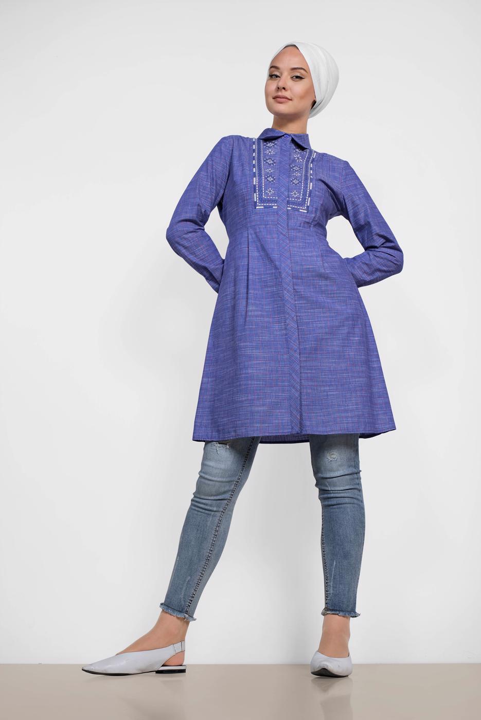 Tesettür giyim LACİVERT ALVİNA PAMUKLU NAKIŞ DETAYLI TUNİK 4150