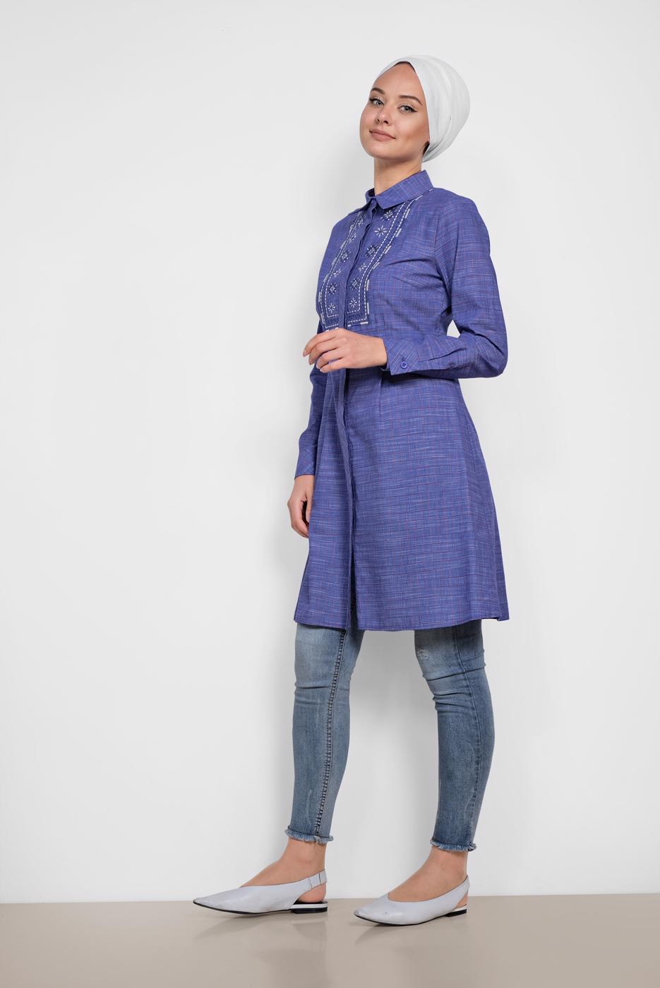 Tesettür giyim LACİVERT ALVİNA PAMUKLU NAKIŞ DETAYLI TUNİK 4150