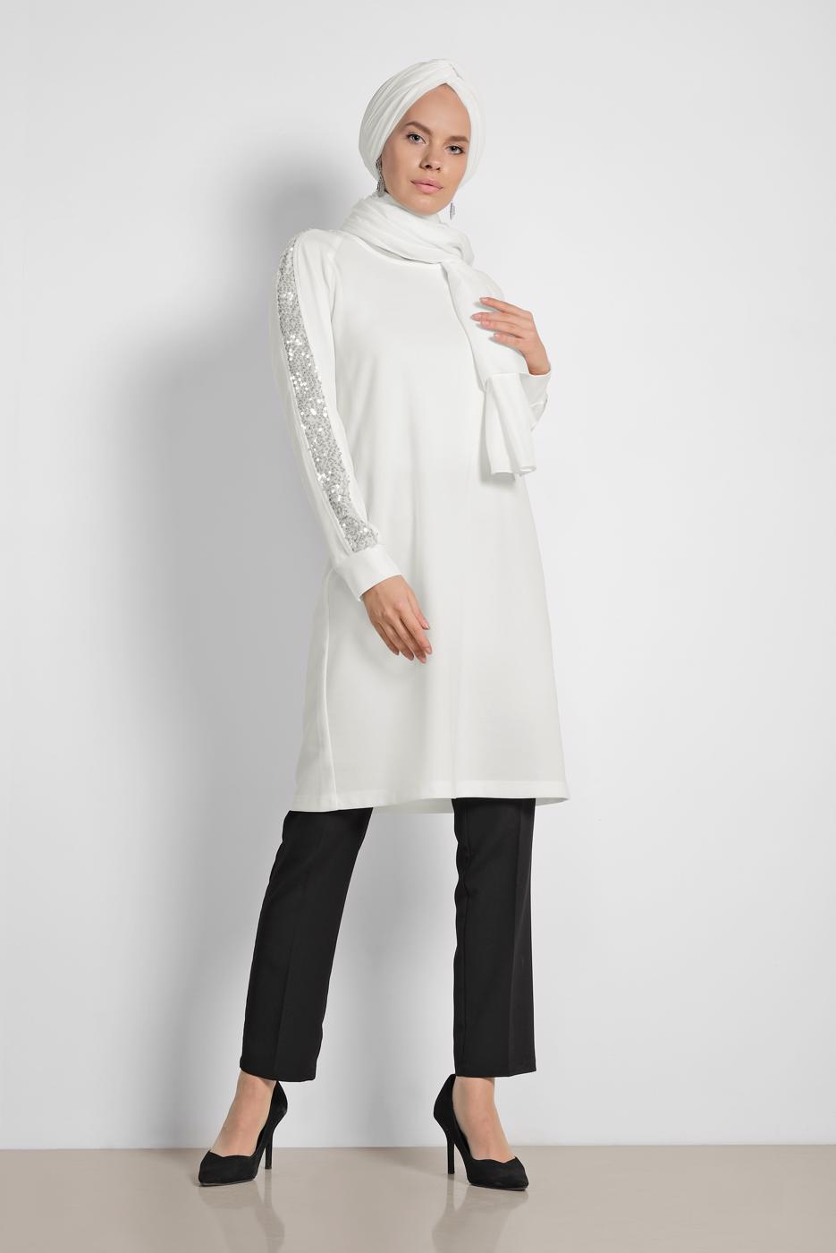 Tesettür giyim KREM ALVİNA KOL KISMI PUL PAYETLİ TUNİK 4159