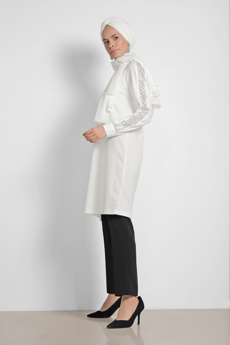 Tesettür giyim KREM ALVİNA KOL KISMI PUL PAYETLİ TUNİK 4159