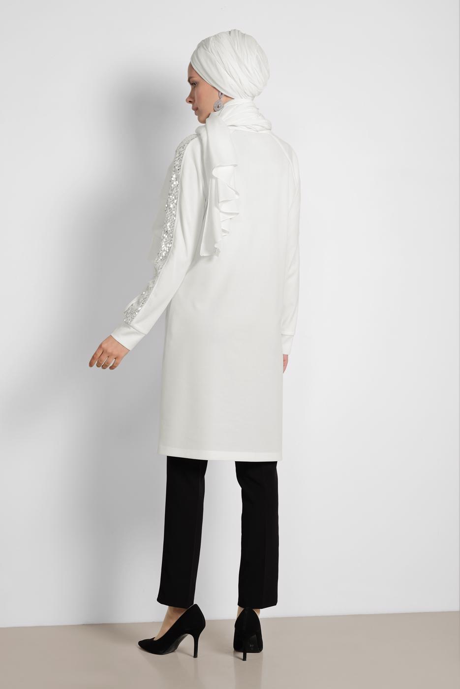 Tesettür giyim KREM ALVİNA KOL KISMI PUL PAYETLİ TUNİK 4159