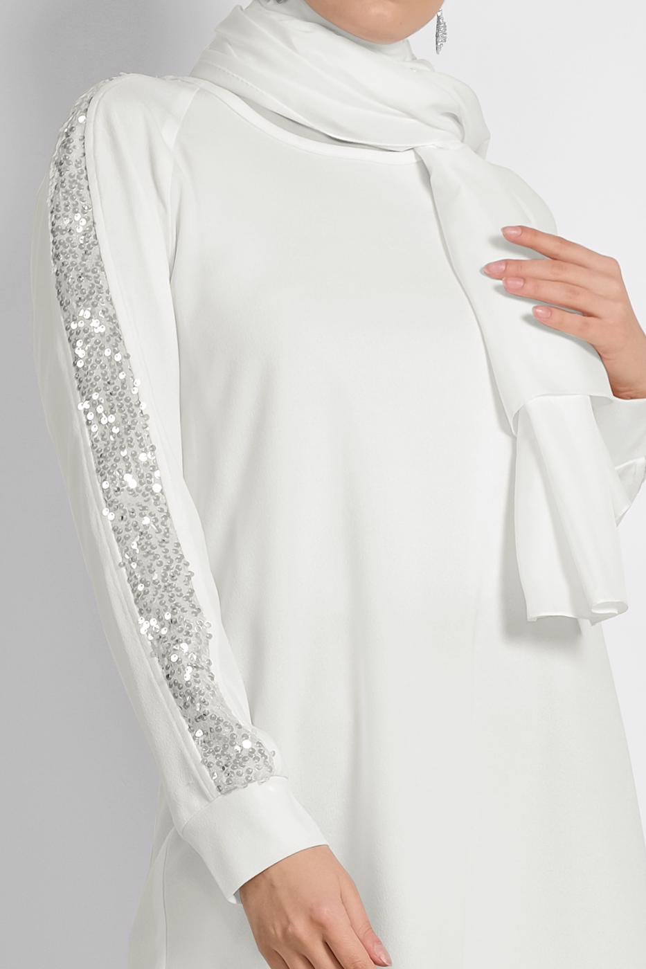 Tesettür giyim KREM ALVİNA KOL KISMI PUL PAYETLİ TUNİK 4159