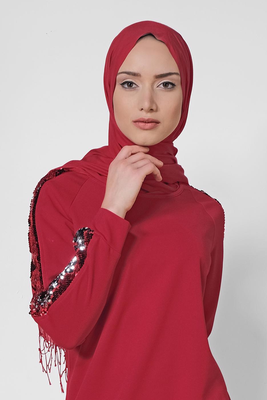 Tesettür giyim KIRMIZI ALVİNA KOL KISMI PUL PAYETLİ TUNİK 4159