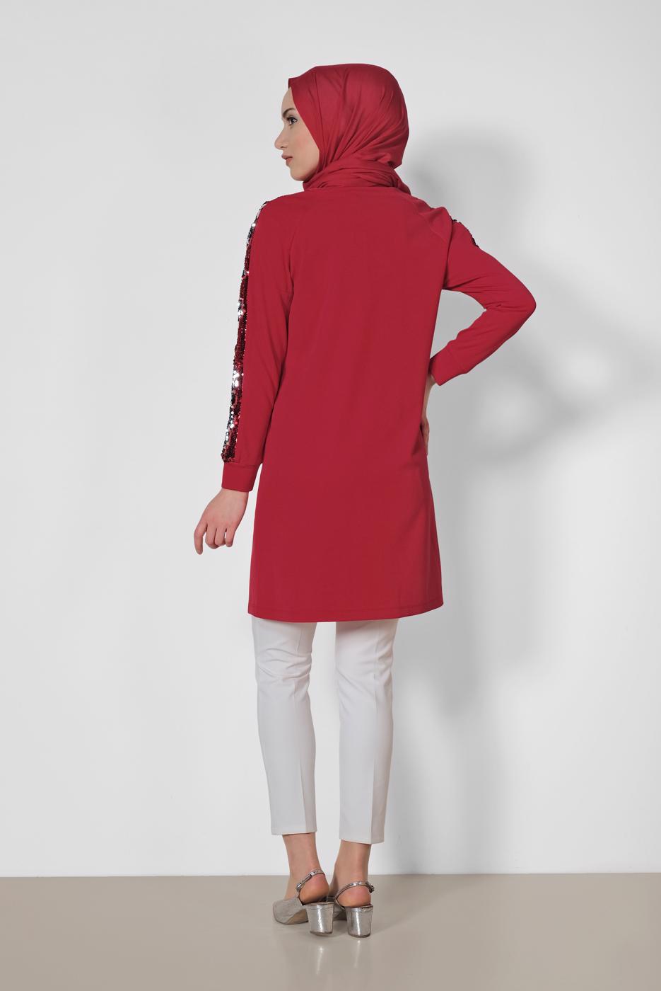 Tesettür giyim KIRMIZI ALVİNA KOL KISMI PUL PAYETLİ TUNİK 4159