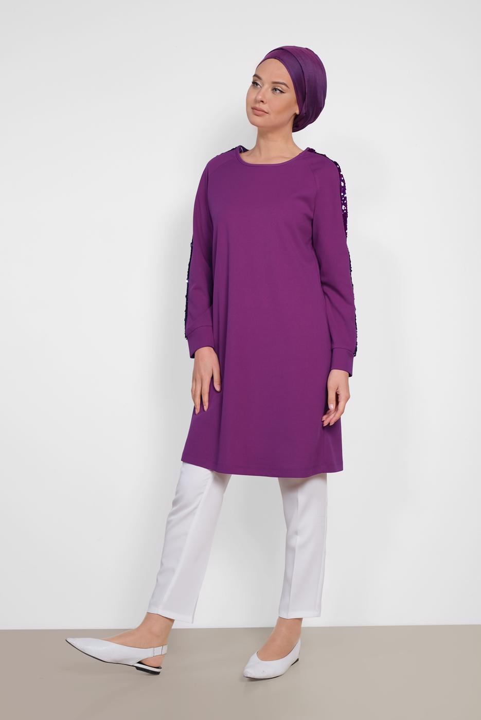 Tesettür giyim MOR ALVİNA KOL KISMI PUL PAYETLİ TUNİK 4159