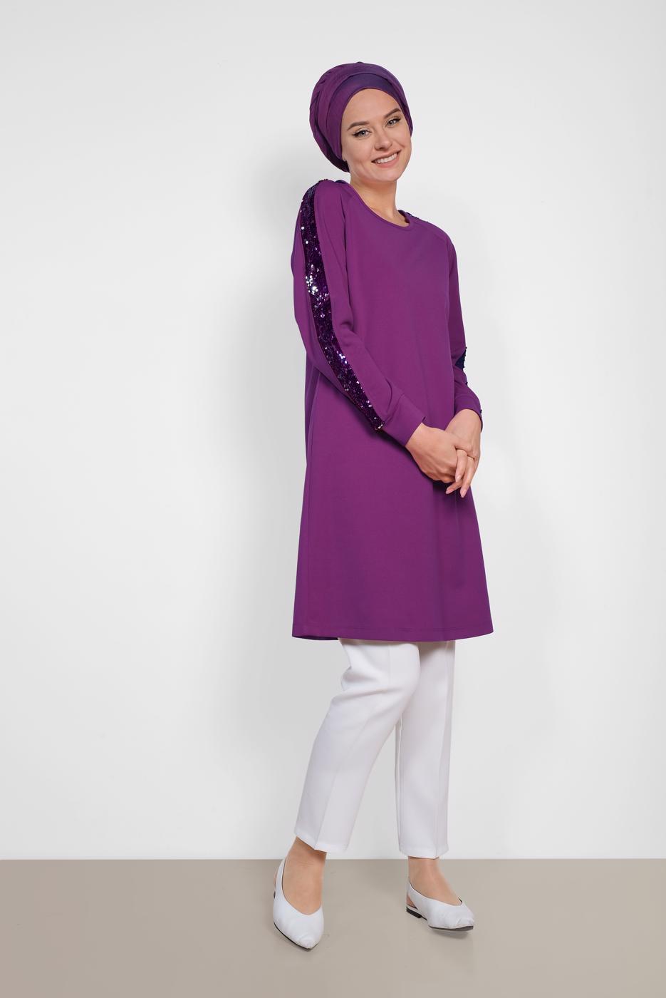 Tesettür giyim MOR ALVİNA KOL KISMI PUL PAYETLİ TUNİK 4159