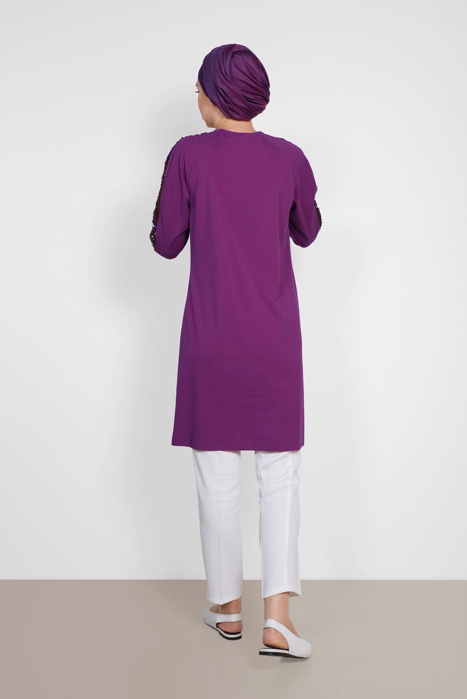 Tesettür giyim MOR ALVİNA KOL KISMI PUL PAYETLİ TUNİK 4159