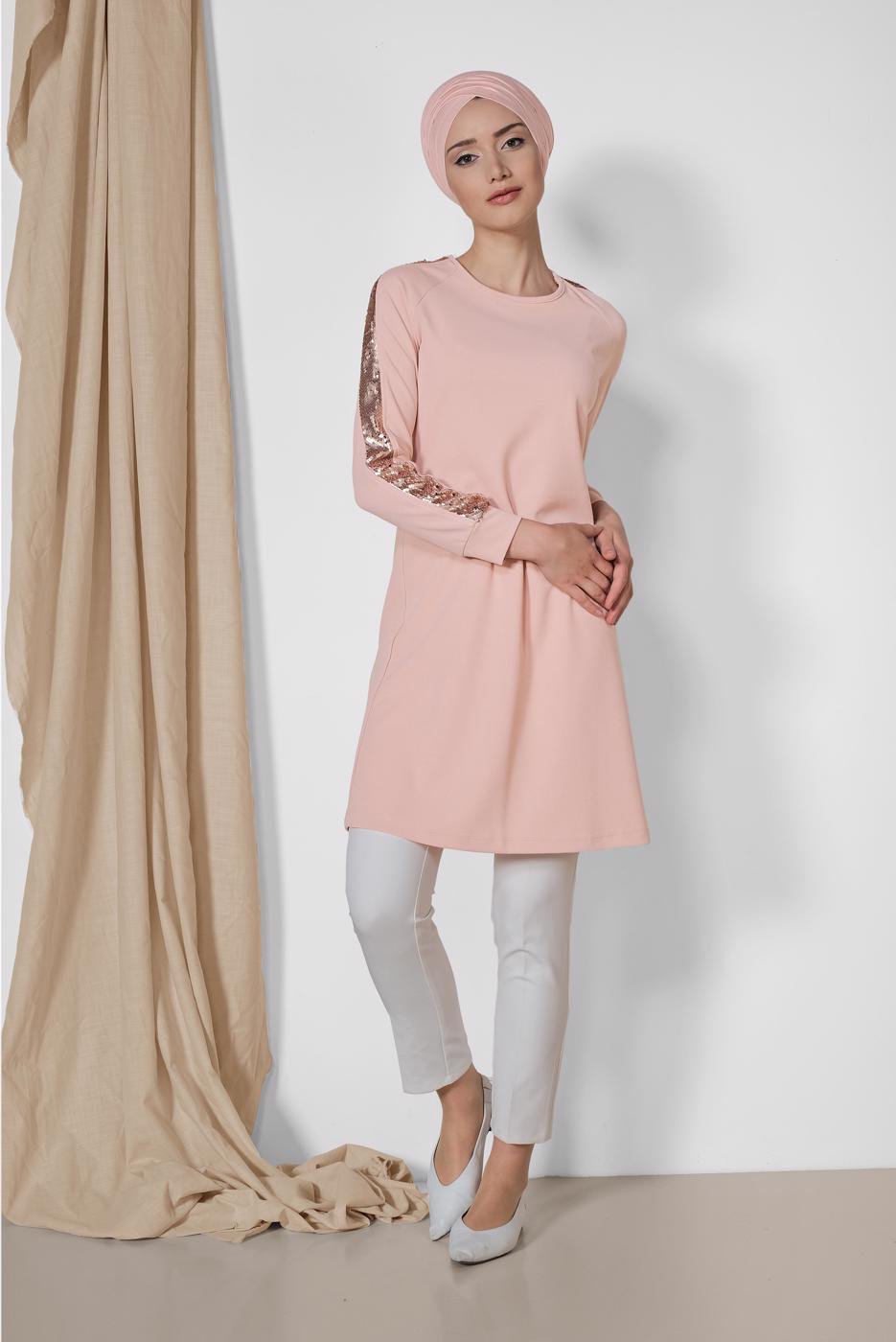 Tesettür giyim PUDRA ALVİNA KOL KISMI PUL PAYETLİ TUNİK 4159