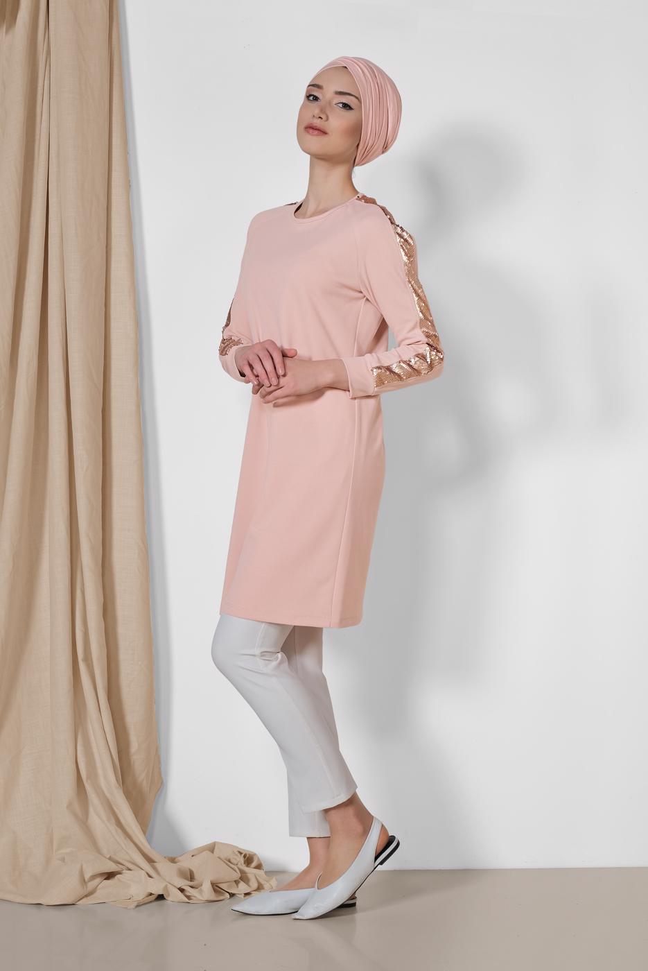 Tesettür giyim PUDRA ALVİNA KOL KISMI PUL PAYETLİ TUNİK 4159