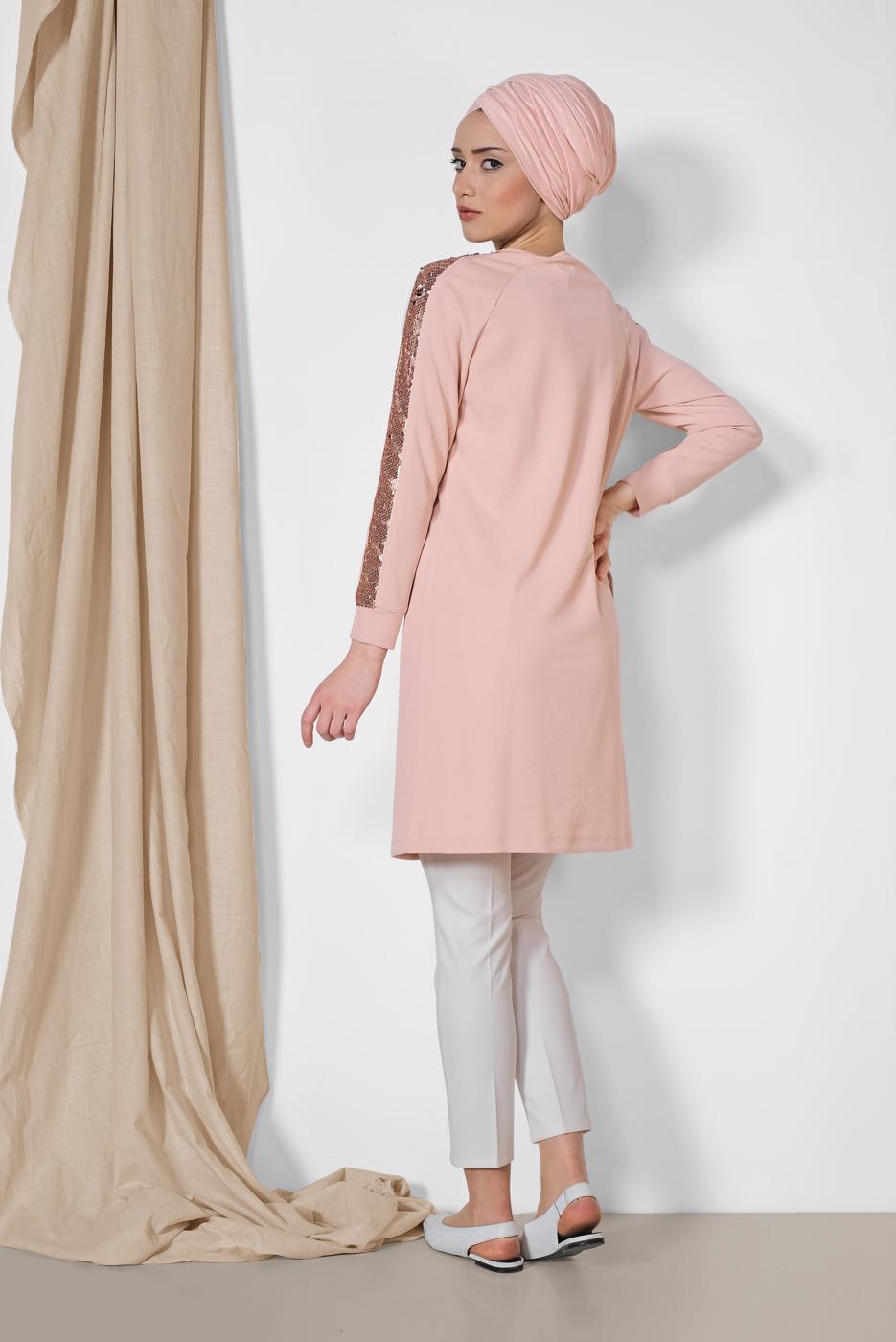 Tesettür giyim PUDRA ALVİNA KOL KISMI PUL PAYETLİ TUNİK 4159